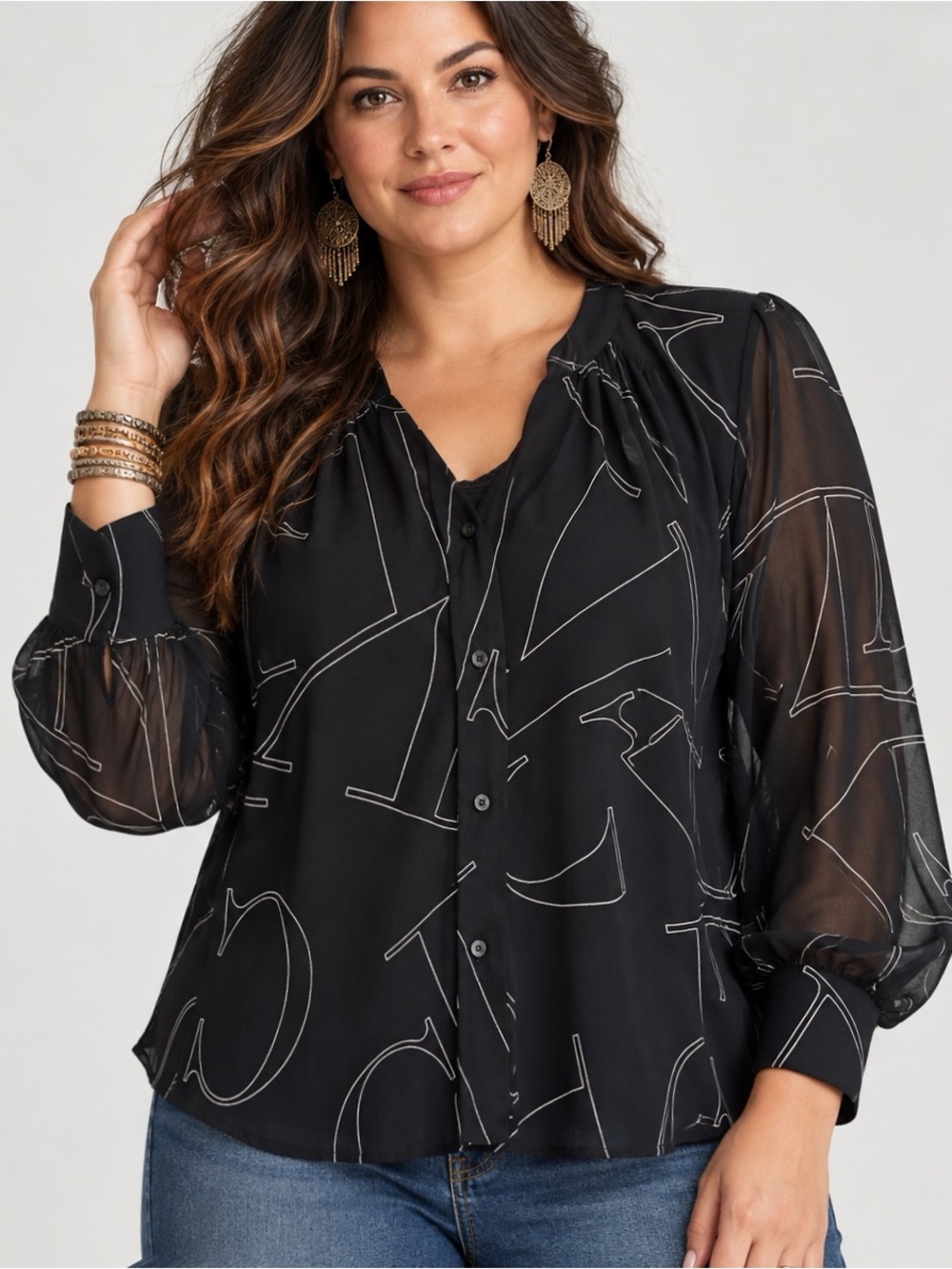 Calvin Klein Women’s L Black Sheer Abstract Print Button Front Blouse